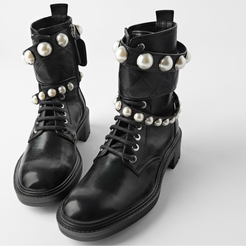 Chic Black Leather Boots with Pearl Accents